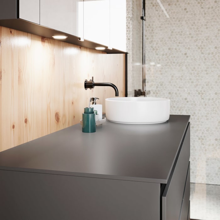 burgbad Lin20 Waschtischunterschrank mit Konsolenplatte 140 cm, 6 Auszüge, Beckenausschnitt rechts