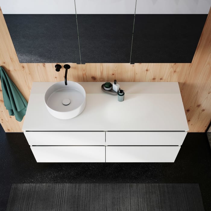 burgbad Lin20 Waschtischunterschrank mit Konsolenplatte 140 cm, 4 Auszüge, Beckenausschnitt links