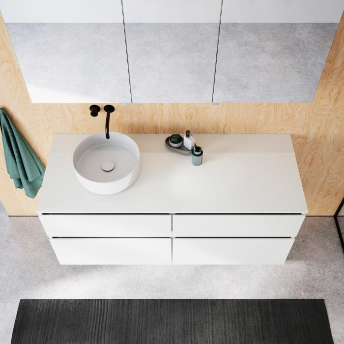 burgbad Lin20 Waschtischunterschrank mit Konsolenplatte 140 cm, 4 Auszüge, Beckenausschnitt links