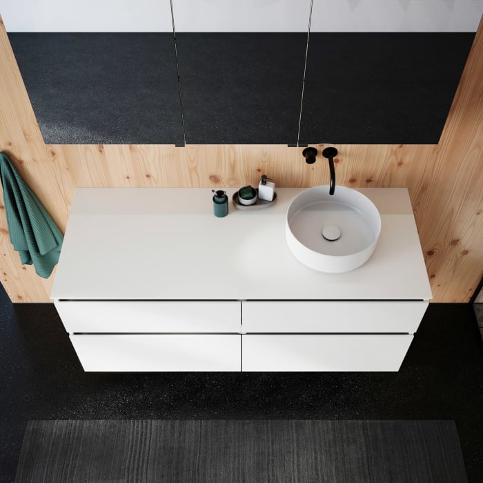 burgbad Lin20 Waschtischunterschrank mit Konsolenplatte 140 cm, 4 Auszüge, Beckenausschnitt rechts