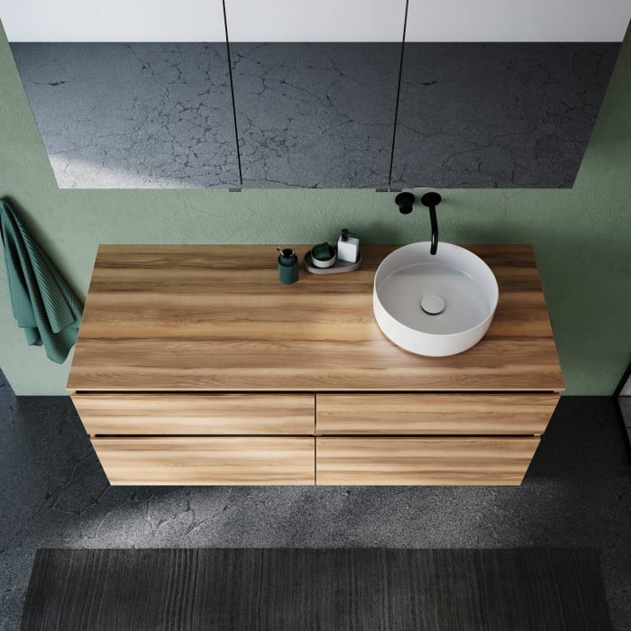 burgbad Lin20 Waschtischunterschrank mit Konsolenplatte 140 cm, 4 Auszüge, Beckenausschnitt rechts