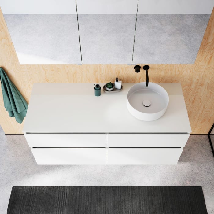 burgbad Lin20 Waschtischunterschrank mit Konsolenplatte 140 cm, 4 Auszüge, Beckenausschnitt rechts