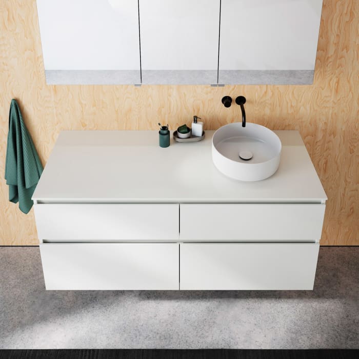 burgbad Lin20 Waschtischunterschrank mit Konsolenplatte 140 cm, 4 Auszüge, Beckenausschnitt rechts