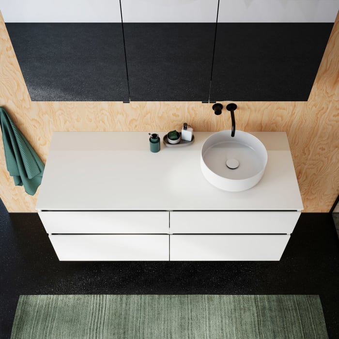 burgbad Lin20 Waschtischunterschrank mit Konsolenplatte 140 cm, 4 Auszüge, Beckenausschnitt rechts