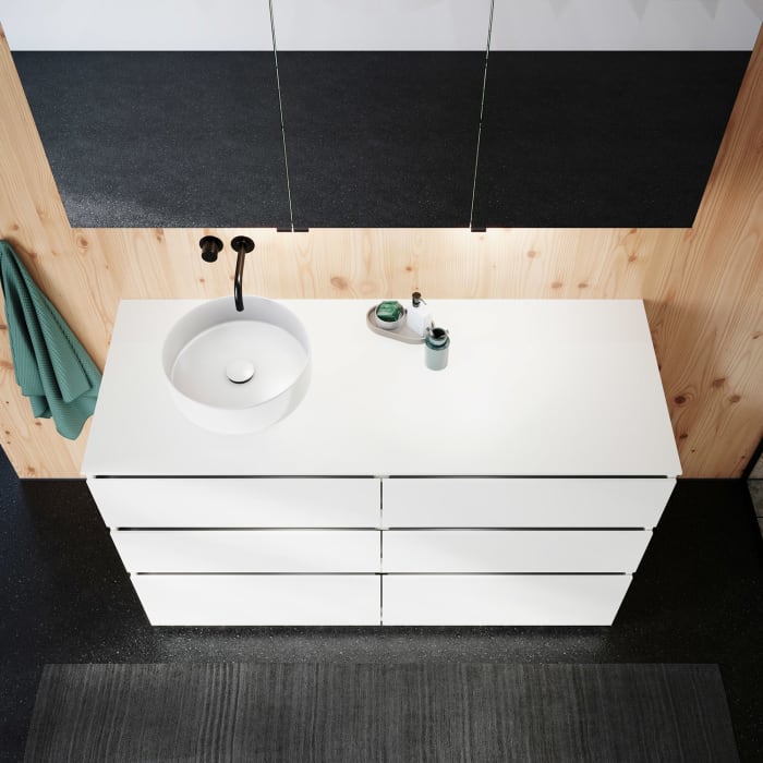 burgbad Lin20 Waschtischunterschrank mit Konsolenplatte 140 cm, 6 Auszüge, Beckenausschnitt links