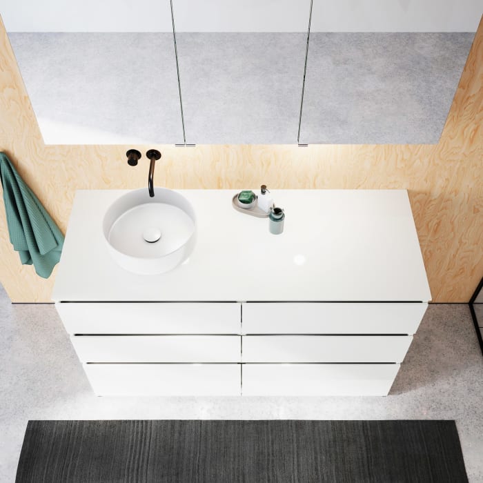 burgbad Lin20 Waschtischunterschrank mit Konsolenplatte 140 cm, 6 Auszüge, Beckenausschnitt links