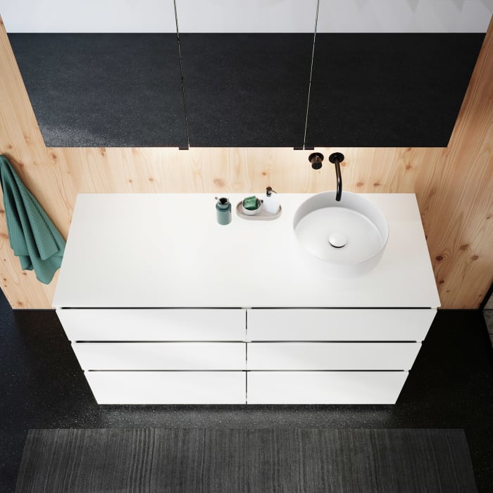 burgbad Lin20 Waschtischunterschrank mit Konsolenplatte 140 cm, 6 Auszüge, Beckenausschnitt rechts