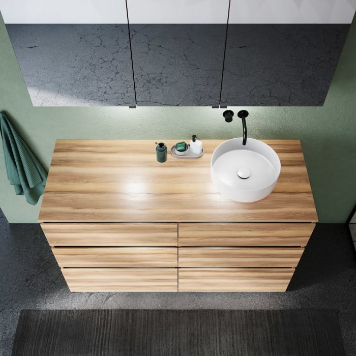 burgbad Lin20 Waschtischunterschrank mit Konsolenplatte 140 cm, 6 Auszüge, Beckenausschnitt rechts