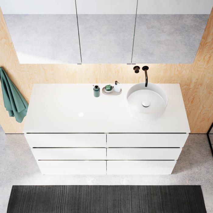 burgbad Lin20 Waschtischunterschrank mit Konsolenplatte 140 cm, 6 Auszüge, Beckenausschnitt rechts