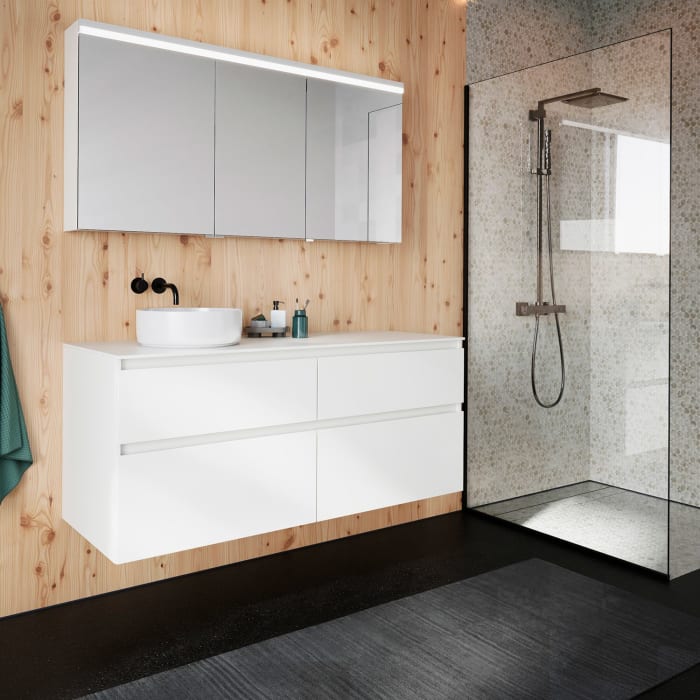 burgbad Lin20 Waschtischunterschrank mit Konsolenplatte 140 cm, 4 Auszüge, Beckenausschnitt links