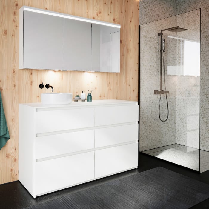 burgbad Lin20 Waschtischunterschrank mit Konsolenplatte 140 cm, 6 Auszüge, Beckenausschnitt links