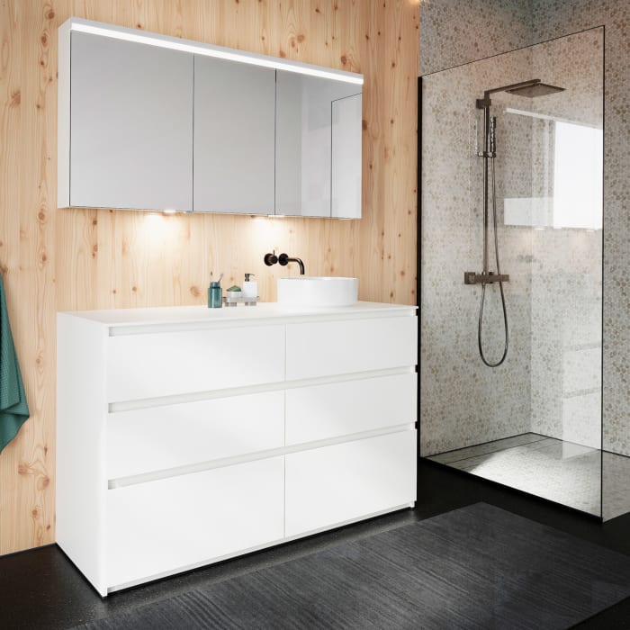 burgbad Lin20 Waschtischunterschrank mit Konsolenplatte 140 cm, 6 Auszüge, Beckenausschnitt rechts