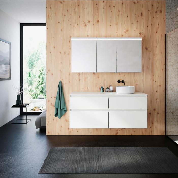 burgbad Lin20 Waschtischunterschrank mit Konsolenplatte 140 cm, 4 Auszüge, Beckenausschnitt rechts