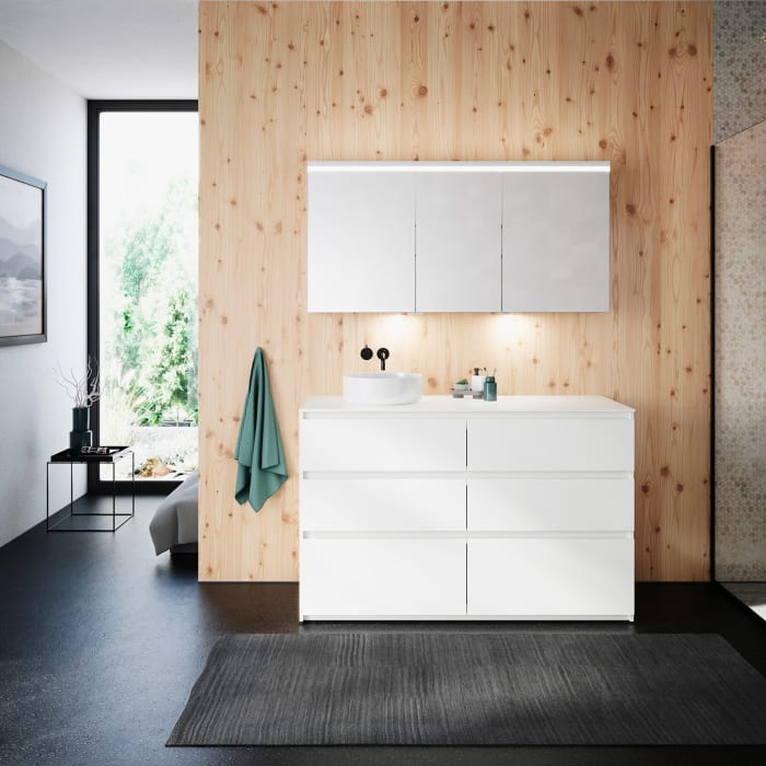 burgbad Lin20 Waschtischunterschrank mit Konsolenplatte 140 cm, 6 Auszüge, Beckenausschnitt links