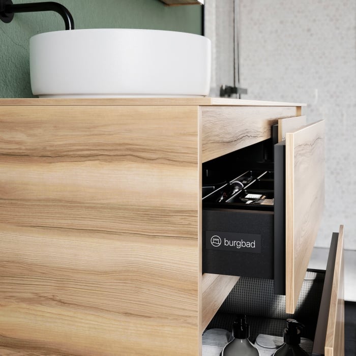 burgbad Lin20 Waschtischunterschrank mit Konsolenplatte 140 cm, 4 Auszüge, Beckenausschnitt links