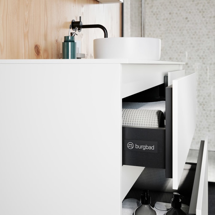 burgbad Lin20 Waschtischunterschrank mit Konsolenplatte 140 cm, 4 Auszüge, Beckenausschnitt rechts