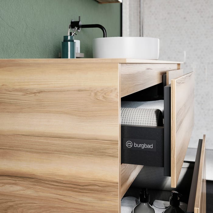 burgbad Lin20 Waschtischunterschrank mit Konsolenplatte 140 cm, 4 Auszüge, Beckenausschnitt rechts