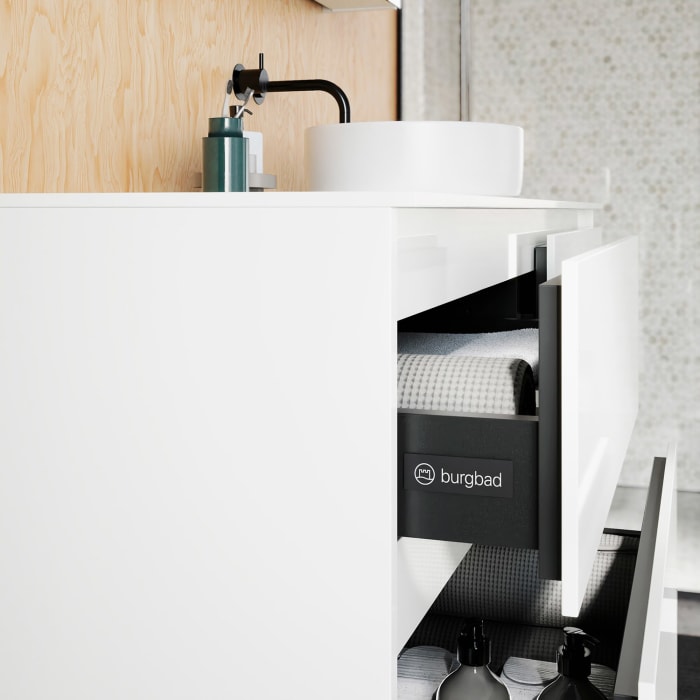 burgbad Lin20 Waschtischunterschrank mit Konsolenplatte 140 cm, 4 Auszüge, Beckenausschnitt rechts