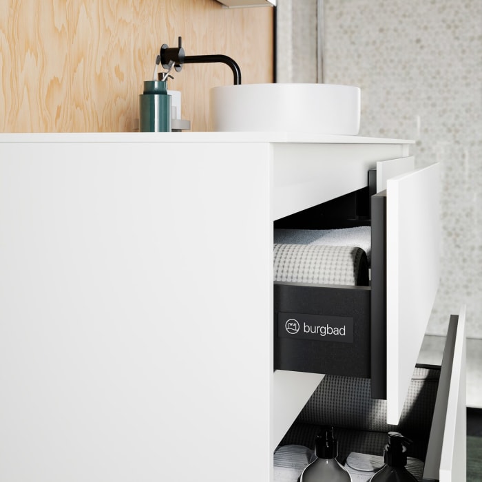 burgbad Lin20 Waschtischunterschrank mit Konsolenplatte 140 cm, 4 Auszüge, Beckenausschnitt rechts