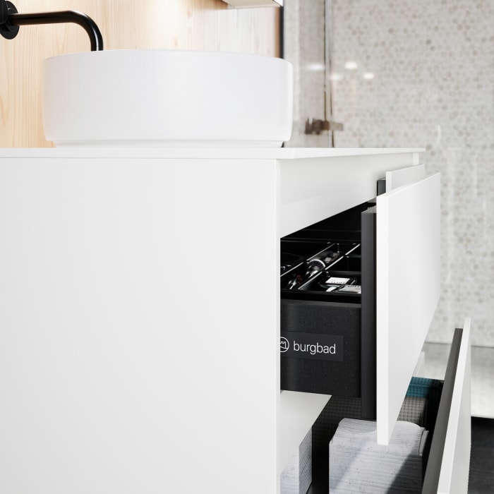 burgbad Lin20 Waschtischunterschrank mit Konsolenplatte 140 cm, 6 Auszüge, Beckenausschnitt links
