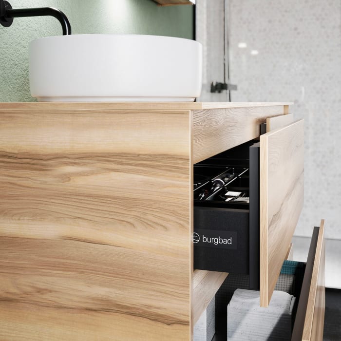 burgbad Lin20 Waschtischunterschrank mit Konsolenplatte 140 cm, 6 Auszüge, Beckenausschnitt links
