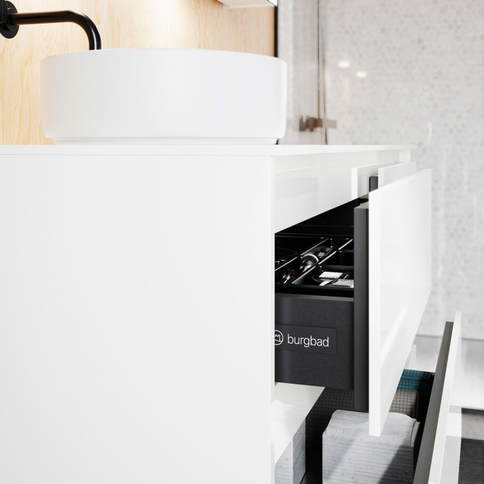 burgbad Lin20 Waschtischunterschrank mit Konsolenplatte 140 cm, 6 Auszüge, Beckenausschnitt links