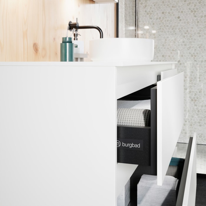 burgbad Lin20 Waschtischunterschrank mit Konsolenplatte 140 cm, 6 Auszüge, Beckenausschnitt rechts