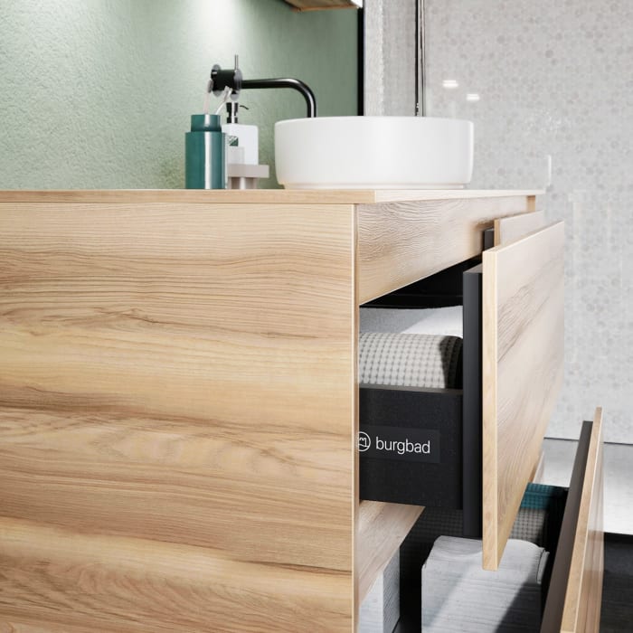 burgbad Lin20 Waschtischunterschrank mit Konsolenplatte 140 cm, 6 Auszüge, Beckenausschnitt rechts