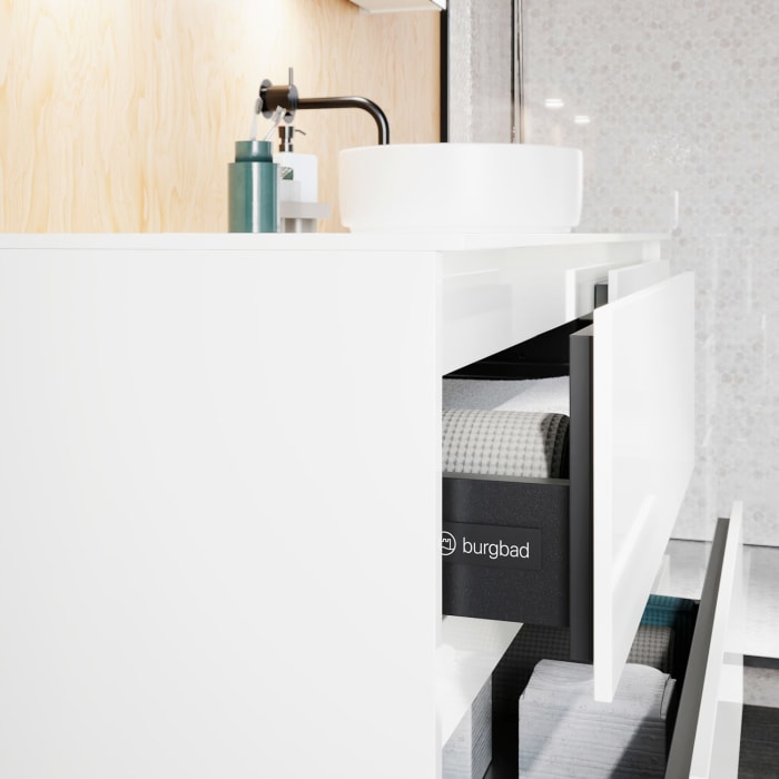 burgbad Lin20 Waschtischunterschrank mit Konsolenplatte 140 cm, 6 Auszüge, Beckenausschnitt rechts