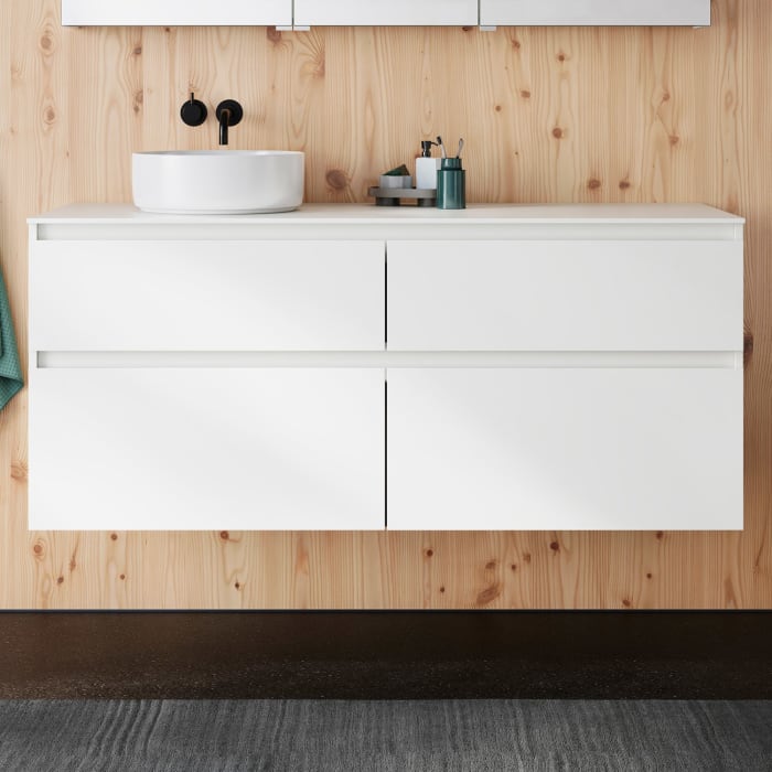 burgbad Lin20 Waschtischunterschrank mit Konsolenplatte 140 cm, 4 Auszüge, Beckenausschnitt links