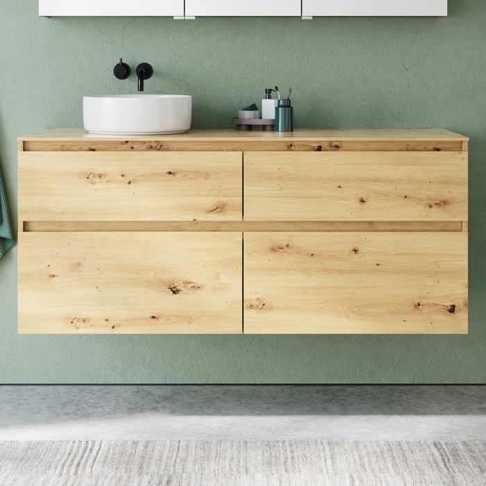 burgbad Lin20 Waschtischunterschrank mit Konsolenplatte 140 cm, 4 Auszüge, Beckenausschnitt links