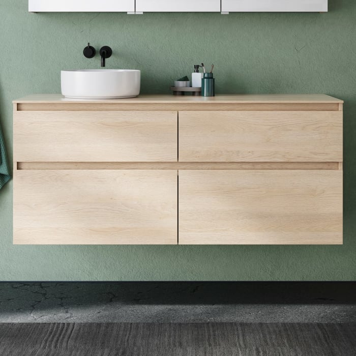 burgbad Lin20 Waschtischunterschrank mit Konsolenplatte 140 cm, 4 Auszüge, Beckenausschnitt links