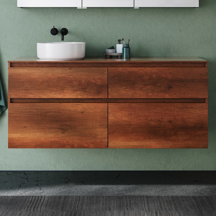 burgbad Lin20 Waschtischunterschrank mit Konsolenplatte 140 cm, 4 Auszüge, Beckenausschnitt links