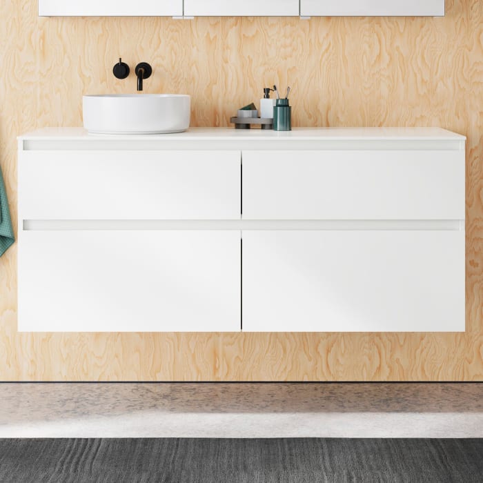 burgbad Lin20 Waschtischunterschrank mit Konsolenplatte 140 cm, 4 Auszüge, Beckenausschnitt links