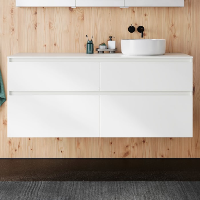 burgbad Lin20 Waschtischunterschrank mit Konsolenplatte 140 cm, 4 Auszüge, Beckenausschnitt rechts