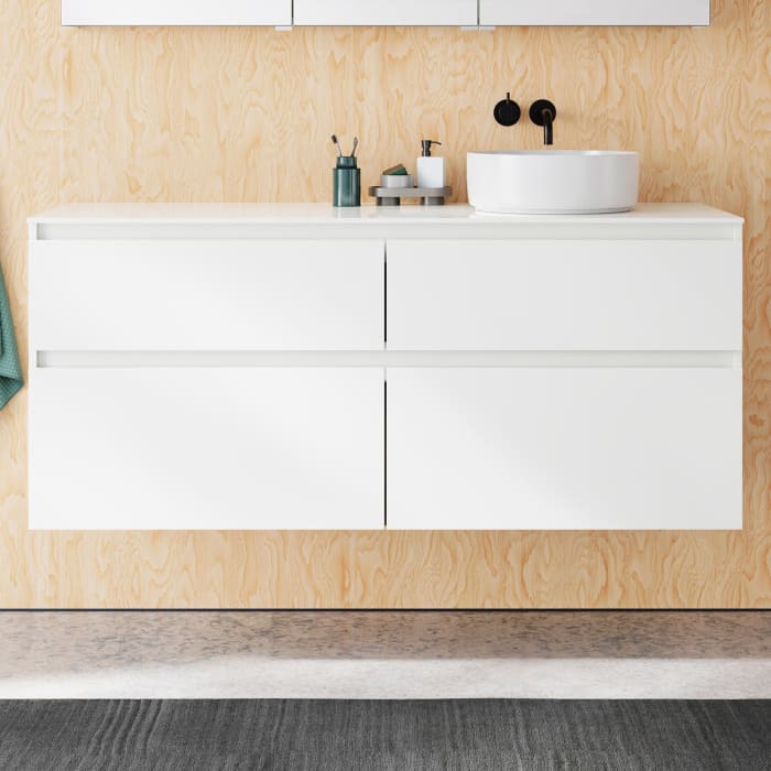 burgbad Lin20 Waschtischunterschrank mit Konsolenplatte 140 cm, 4 Auszüge, Beckenausschnitt rechts