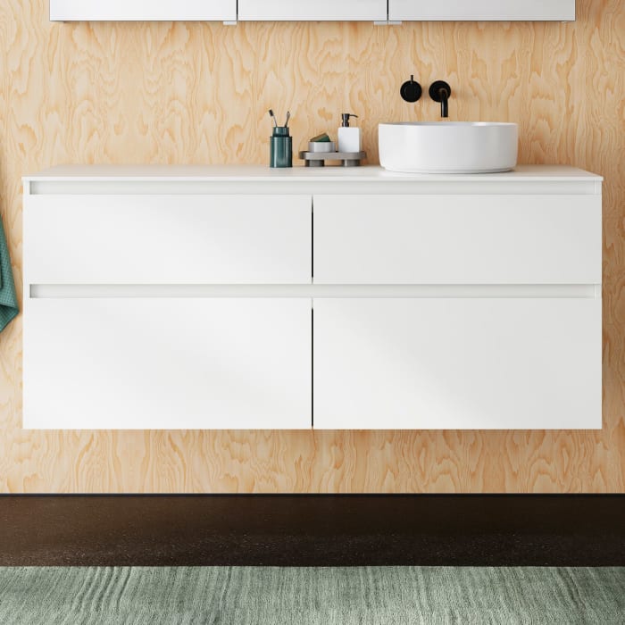 burgbad Lin20 Waschtischunterschrank mit Konsolenplatte 140 cm, 4 Auszüge, Beckenausschnitt rechts