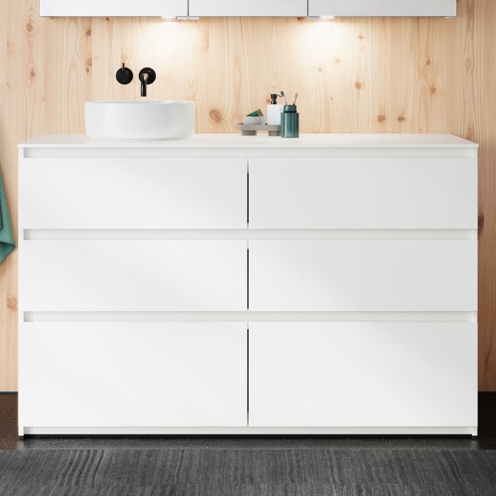 burgbad Lin20 Waschtischunterschrank mit Konsolenplatte 140 cm, 6 Auszüge, Beckenausschnitt links