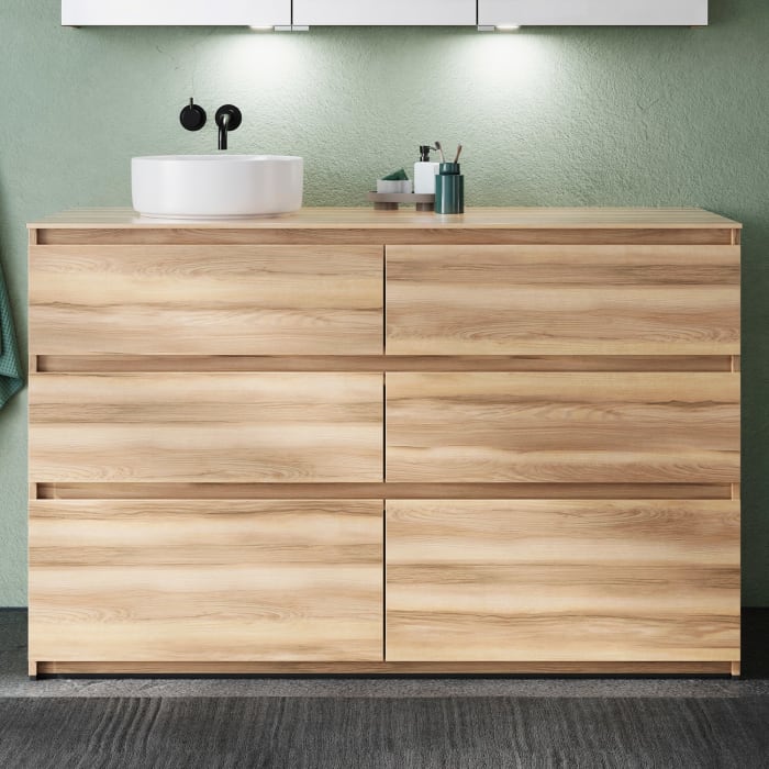 burgbad Lin20 Waschtischunterschrank mit Konsolenplatte 140 cm, 6 Auszüge, Beckenausschnitt links