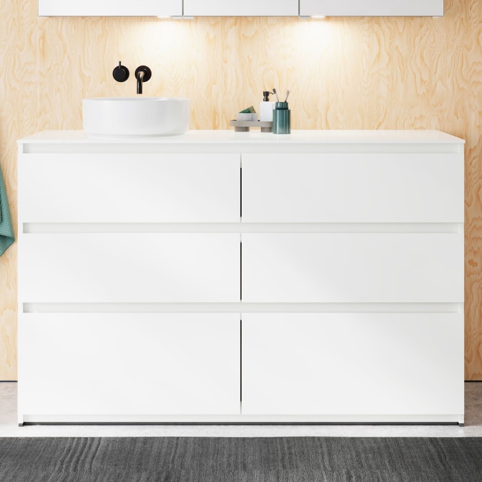 burgbad Lin20 Waschtischunterschrank mit Konsolenplatte 140 cm, 6 Auszüge, Beckenausschnitt links