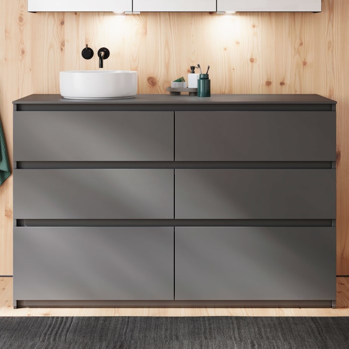 burgbad Lin20 Waschtischunterschrank mit Konsolenplatte 140 cm, 6 Auszüge, Beckenausschnitt links