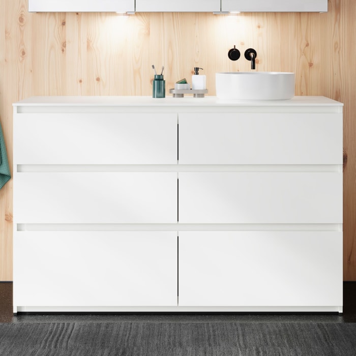 burgbad Lin20 Waschtischunterschrank mit Konsolenplatte 140 cm, 6 Auszüge, Beckenausschnitt rechts