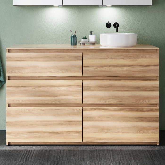 burgbad Lin20 Waschtischunterschrank mit Konsolenplatte 140 cm, 6 Auszüge, Beckenausschnitt rechts