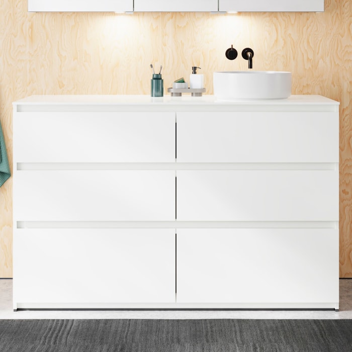 burgbad Lin20 Waschtischunterschrank mit Konsolenplatte 140 cm, 6 Auszüge, Beckenausschnitt rechts