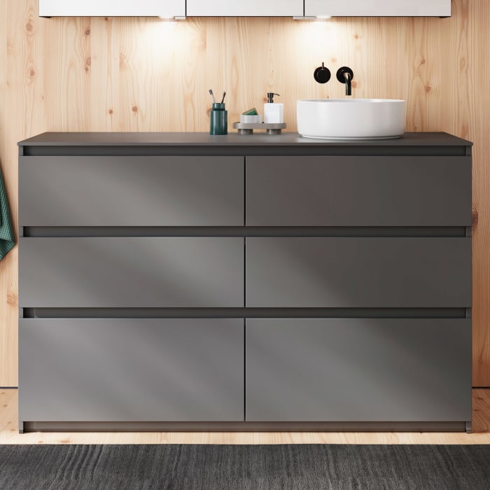 burgbad Lin20 Waschtischunterschrank mit Konsolenplatte 140 cm, 6 Auszüge, Beckenausschnitt rechts