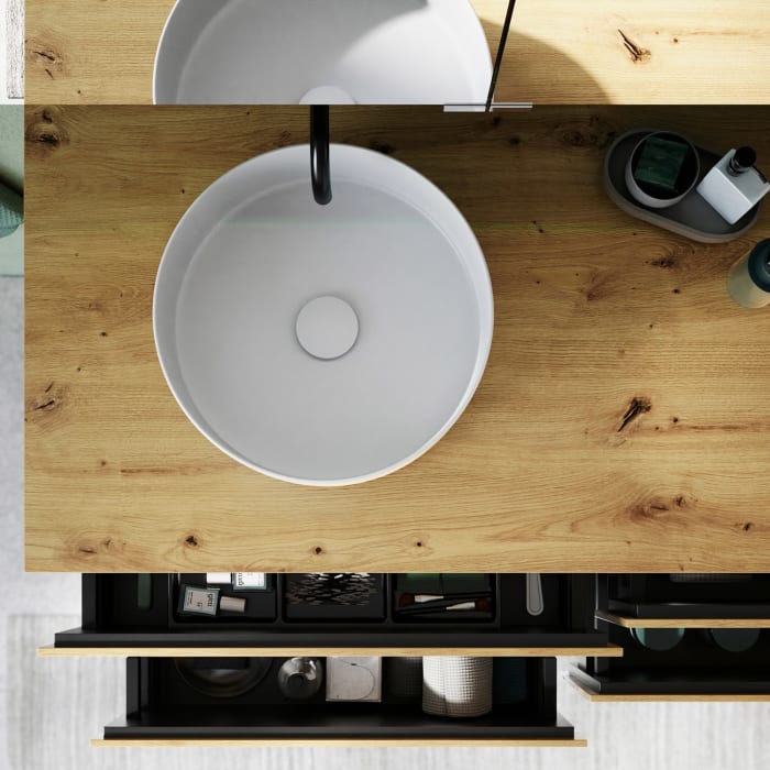 burgbad Lin20 Waschtischunterschrank mit Konsolenplatte 140 cm, 4 Auszüge, Beckenausschnitt links