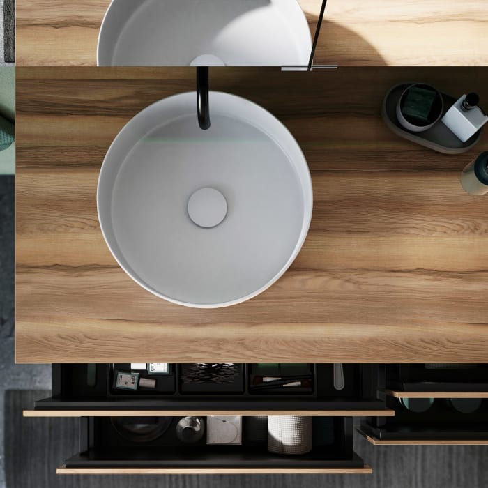 burgbad Lin20 Waschtischunterschrank mit Konsolenplatte 140 cm, 4 Auszüge, Beckenausschnitt links