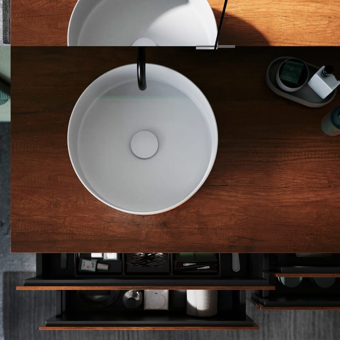 burgbad Lin20 Waschtischunterschrank mit Konsolenplatte 140 cm, 4 Auszüge, Beckenausschnitt links