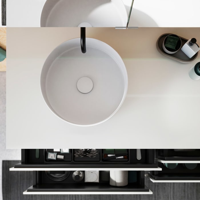 burgbad Lin20 Waschtischunterschrank mit Konsolenplatte 140 cm, 4 Auszüge, Beckenausschnitt links