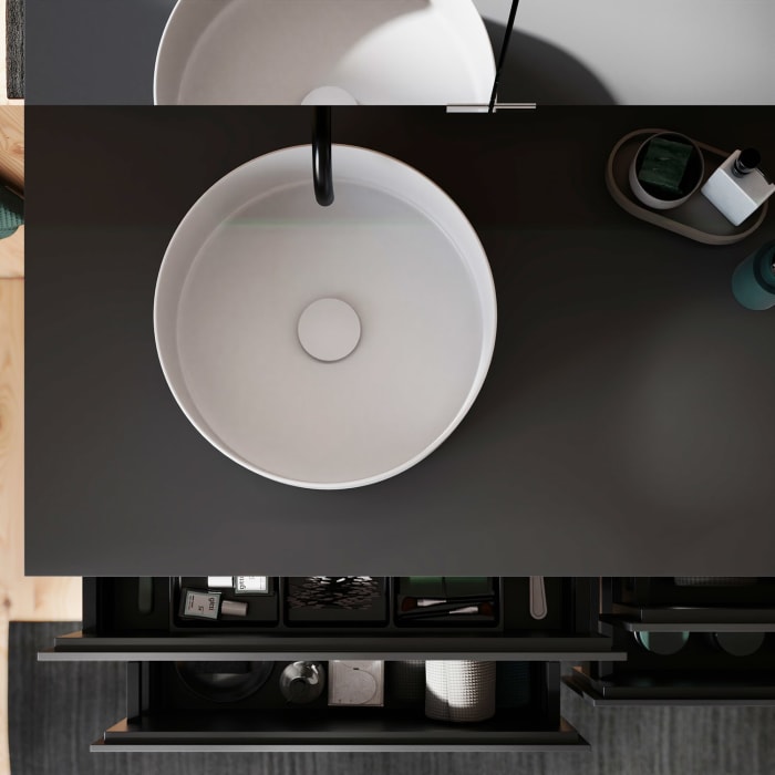 burgbad Lin20 Waschtischunterschrank mit Konsolenplatte 140 cm, 4 Auszüge, Beckenausschnitt links